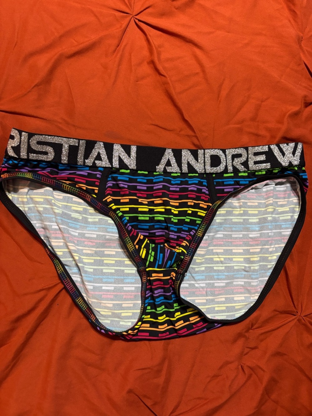 Andrew Christian Multicolor Stripe Bikini Briefs with Glitter Logo Waistband